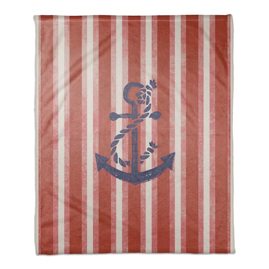 Red Stripes & Anchor Coral Fleece Blanket